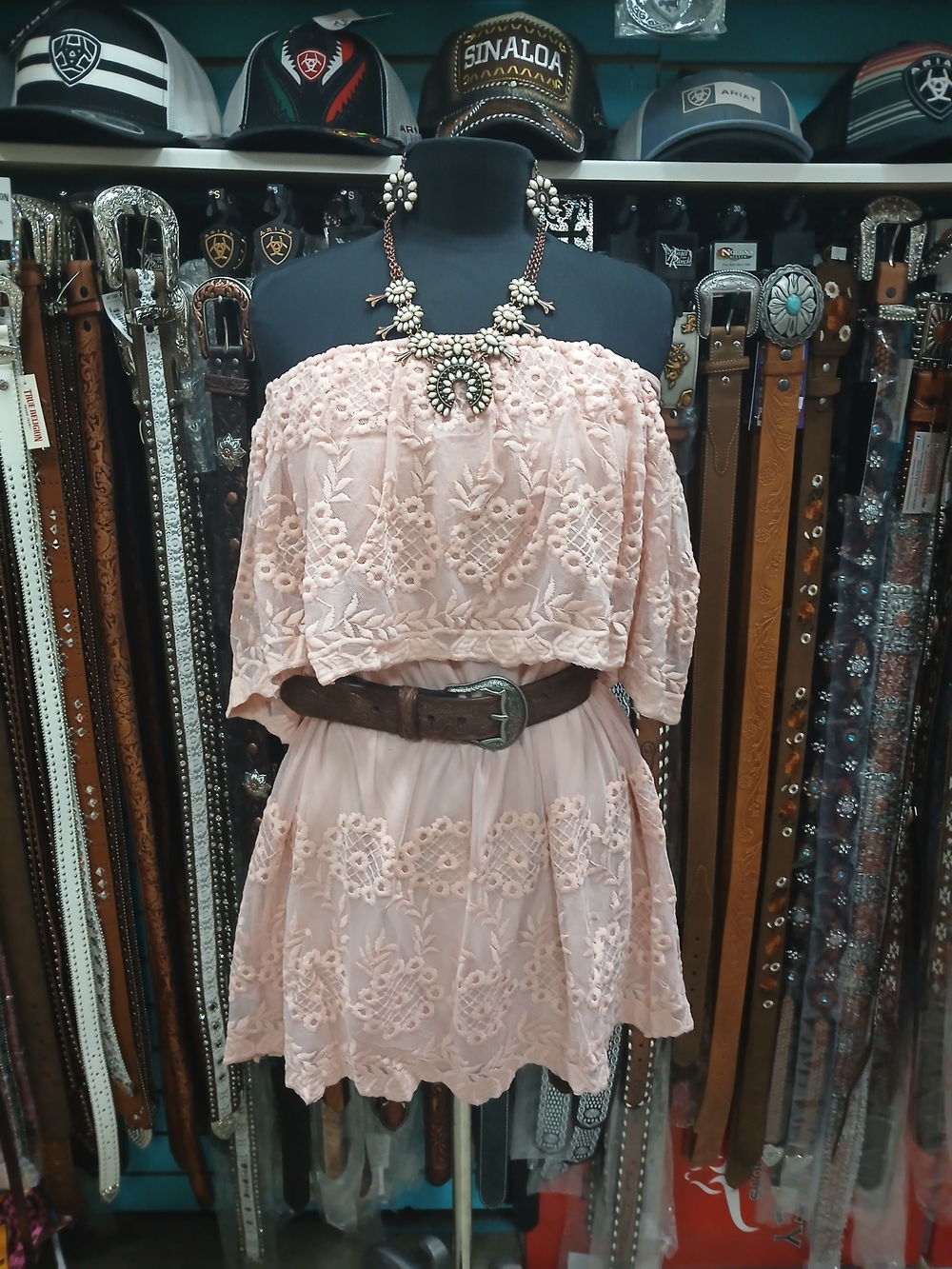 Blush Pink Off-Shoulder Embroidered Mini Dress